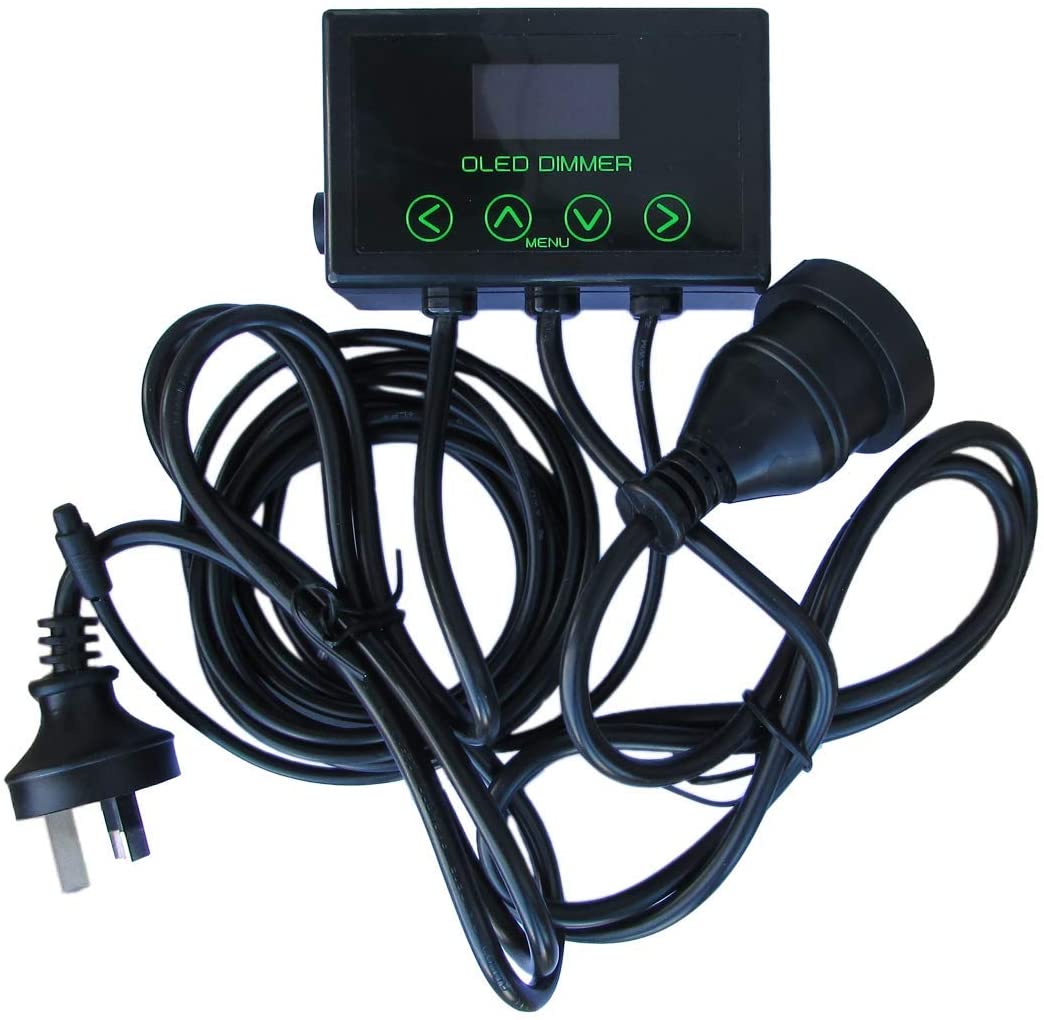 photo of a black dimming thermostat that is used is used to efficiently control heat sources for insect breeding. Consists of a control box, a power inlet, power outlet and thermometer sensor.